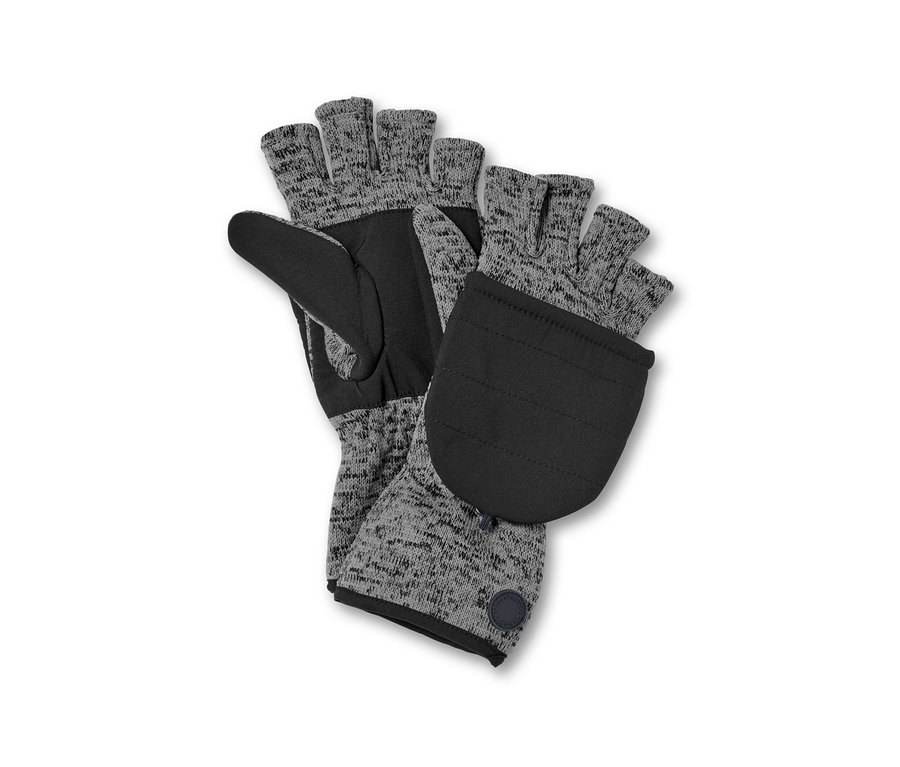 Deux moufles convertibles en maille polaire gris-noir reposent sur un fond blanc.