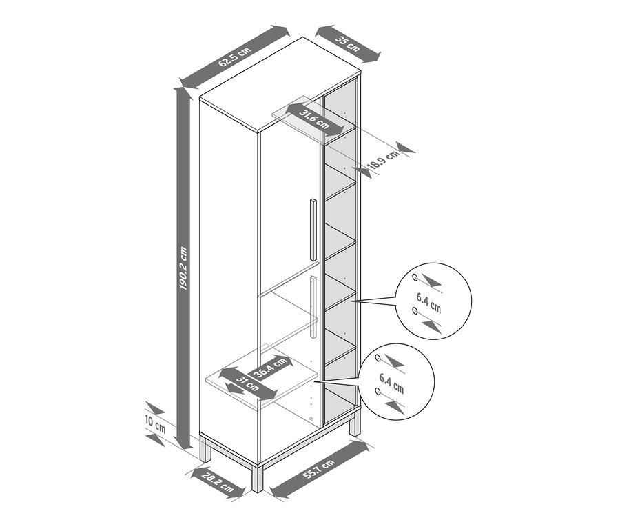 Schéma de l'armoire haute de salle de bains « Eklund » avec des casiers sur le côté et les mesures.