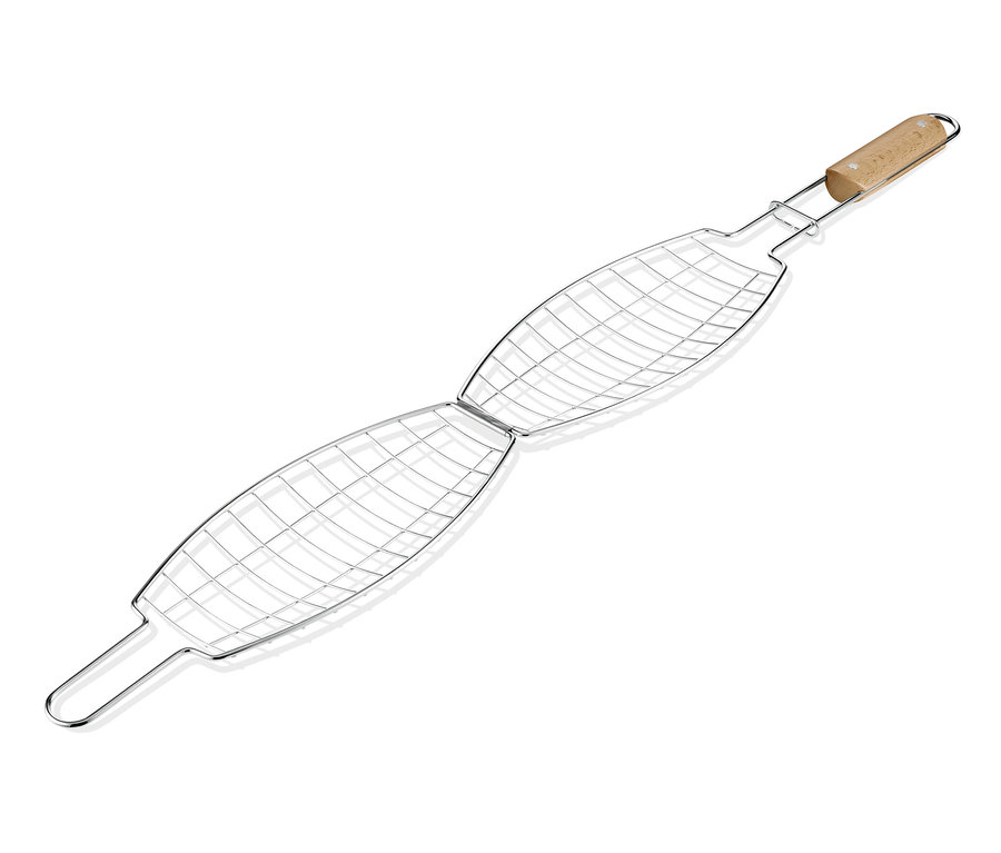 Un panier de barbecue pour poisson, une pelle à barbecue et une spatule à barbecue sur fond blanc.