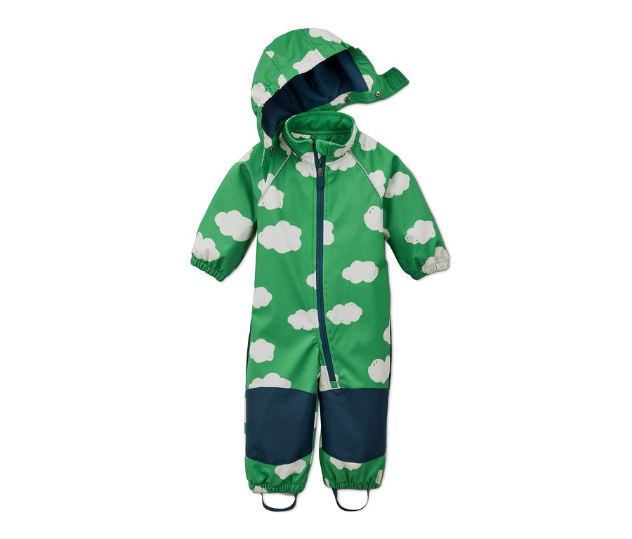 Combinaison softshell en matériaux recyclés verte et blanche avec motif nuages.