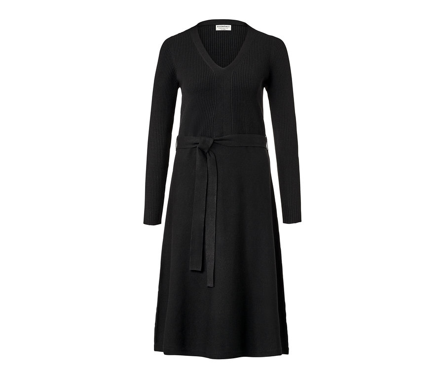 Robe en maille noire à manches longues avec ceinture.