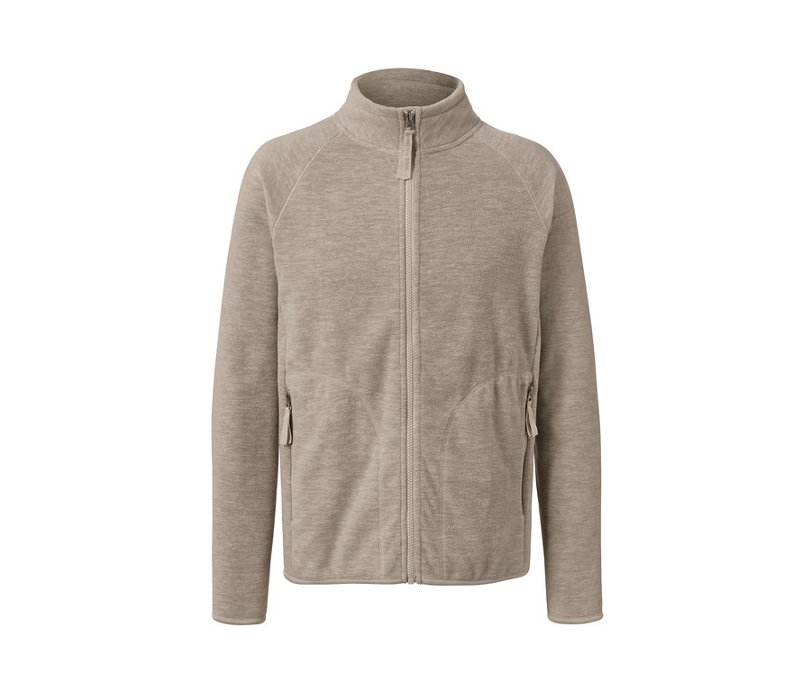 Une jaquette en polaire beige avec une fermeture éclair au milieu.