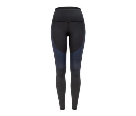 Legging de sport renforcé noir avec des rayures bleues sur les cuisses.