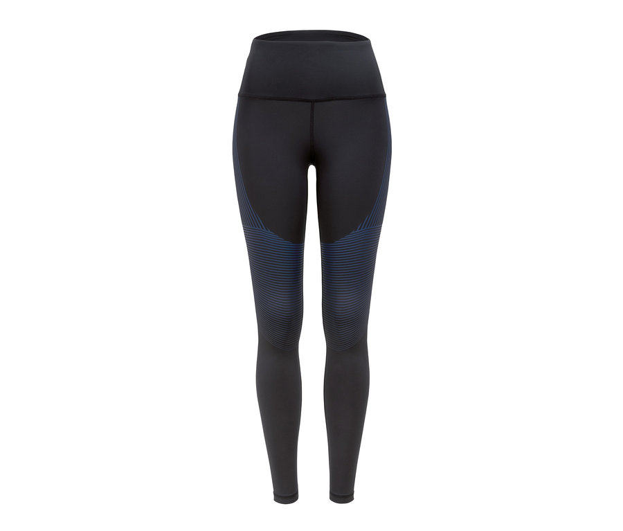 Legging de sport renforcé noir avec des rayures bleues sur les cuisses.