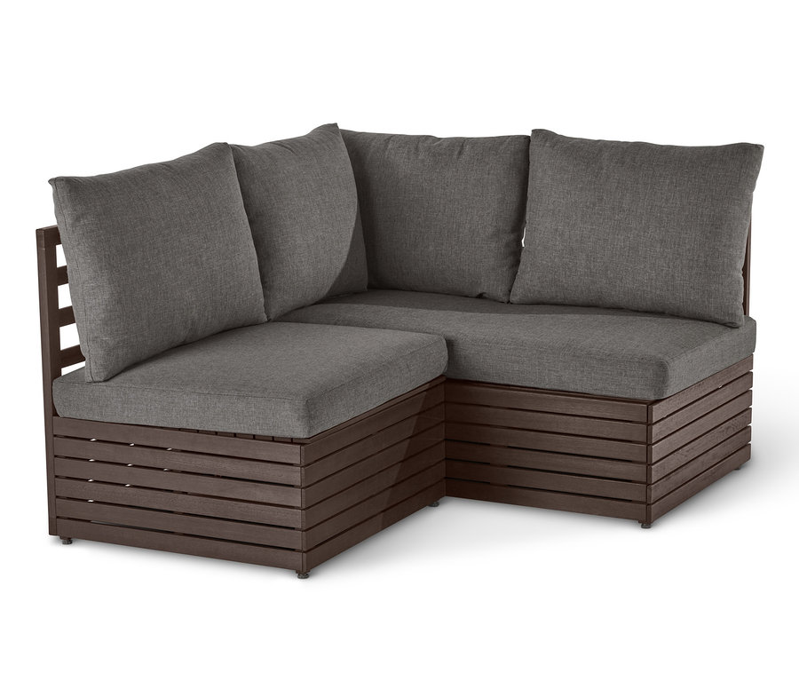 Ensemble modulaire d'angle avec cadre en bois marron foncé et coussins gris.
