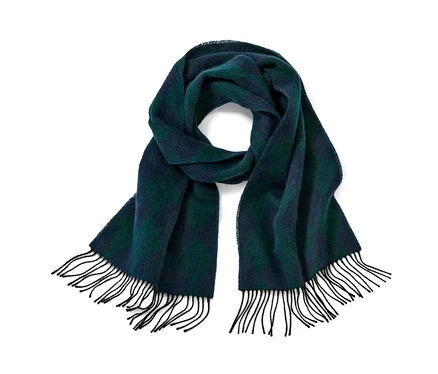 Une écharpe en laine bleu et vert avec des franges.