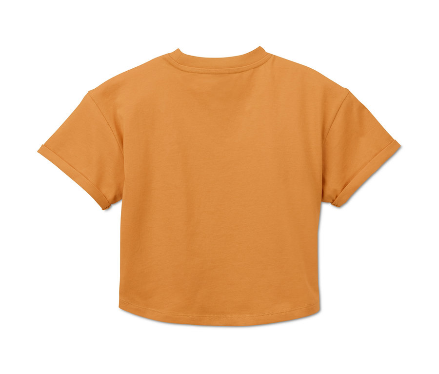 Vue arrière d'un t-shirt court jaune moutarde. 2 t-shirts courts.