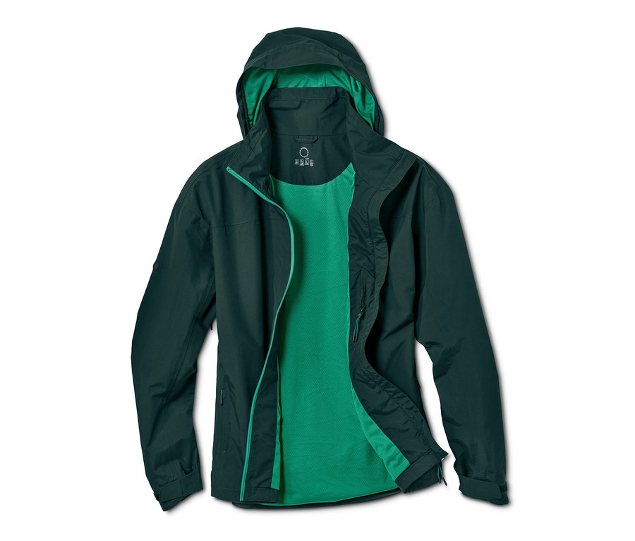 Veste d'extérieur verte avec capuche et doublure verte.