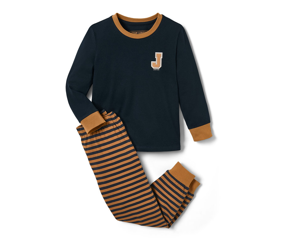 Pyjama bleu-marron avec un haut à manches longues et un pantalon rayé.