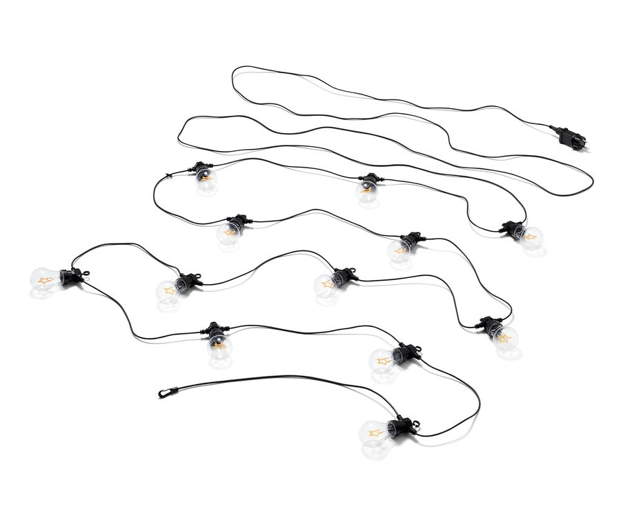 Deux guirlandes lumineuses avec ampoules LED à filament et câble noir sur fond blanc.