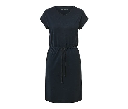 Robe d’extérieur bleu foncé à manches courtes et cordon de serrage à la taille.