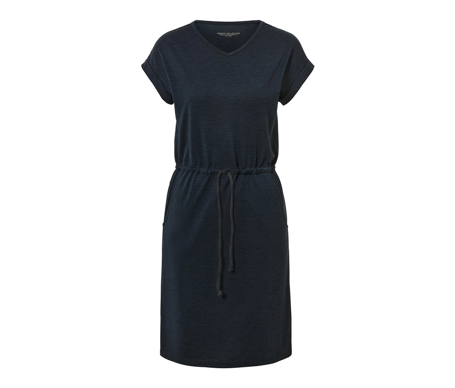 Robe d’extérieur bleu foncé à manches courtes et cordon de serrage à la taille.