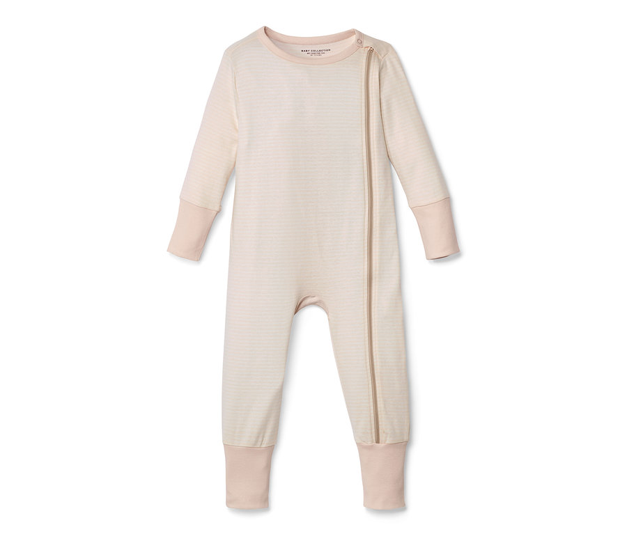Pyjama beige rayé à manches longues avec fermeture éclair.