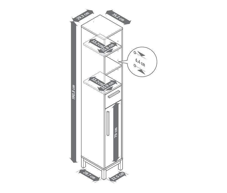 Schéma d'une armoire haute de salle de bain étroite Eklund avec étagère ouverte, tiroir, porte et dimensions.