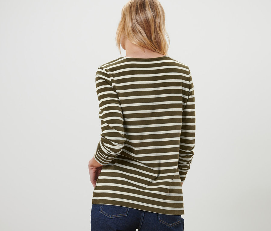 Une femme vue de dos porte un t-shirt manches longues à rayures et un jean.