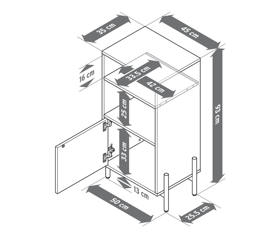 Schéma d'une armoire de salle de bain avec placage bois et dimensions.