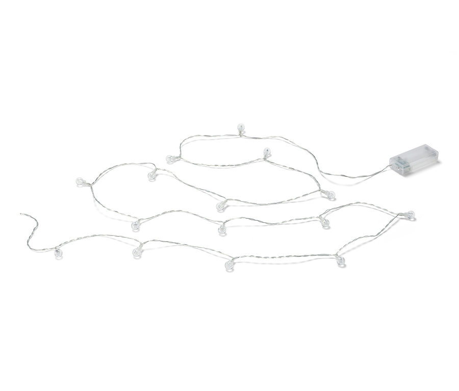 Guirlande lumineuse à LED avec des boules sur fond blanc.