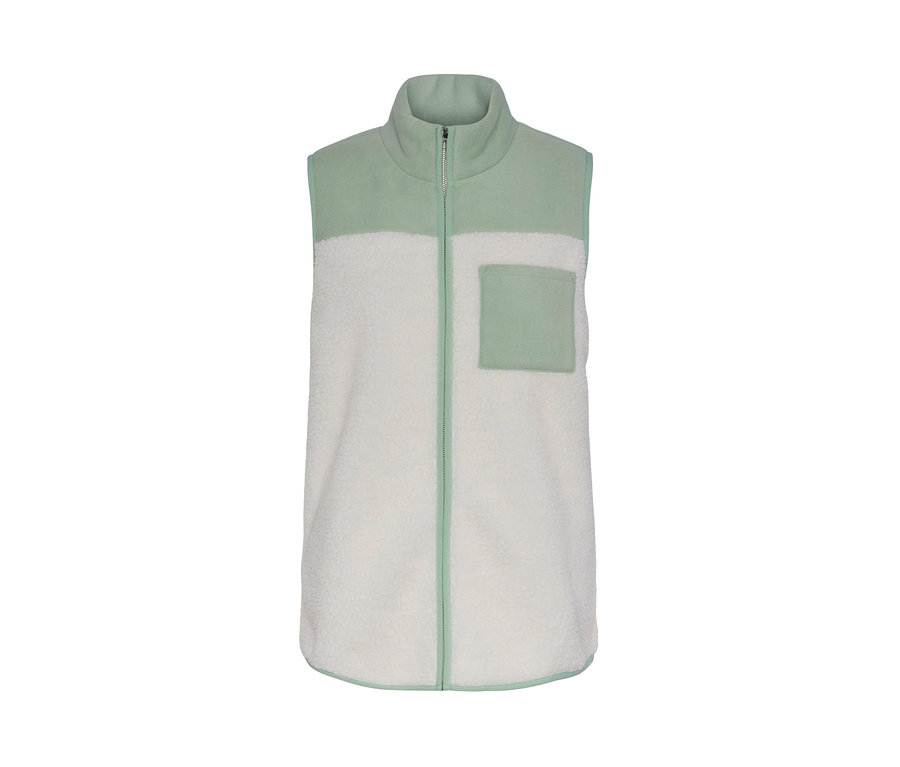 Gilet sans manches en peluche beige et menthe avec fermeture éclair et poche poitrine.
