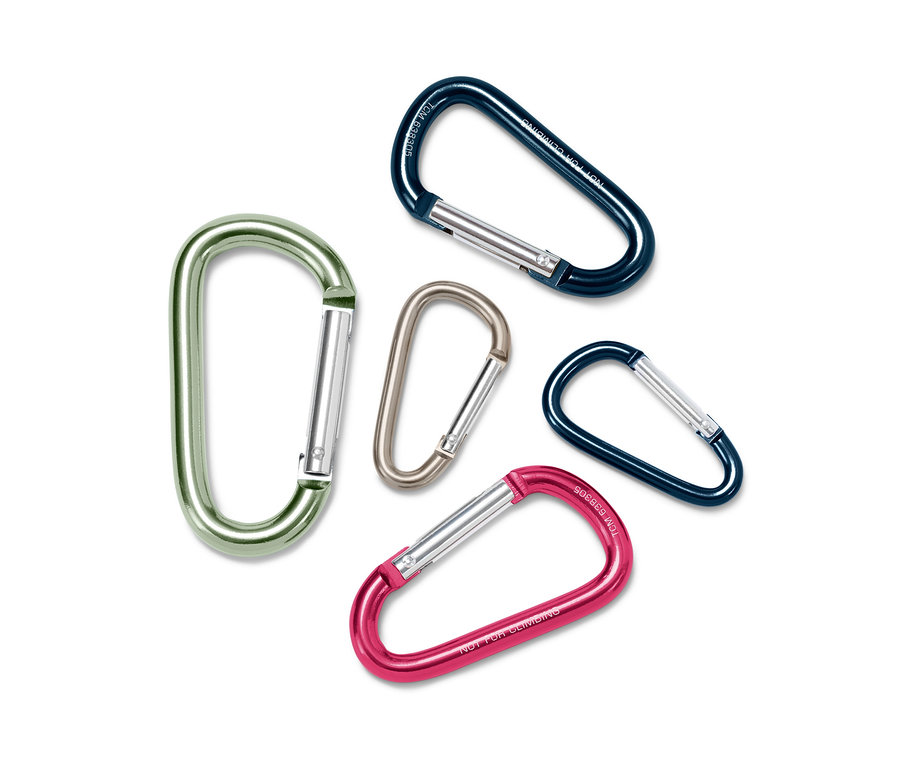 Cinq mousquetons de couleurs différentes (vert, gris, rose et deux bleus) sont posés sur un fond blanc.