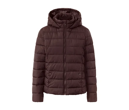 Veste matelassée à capuche marron foncé.