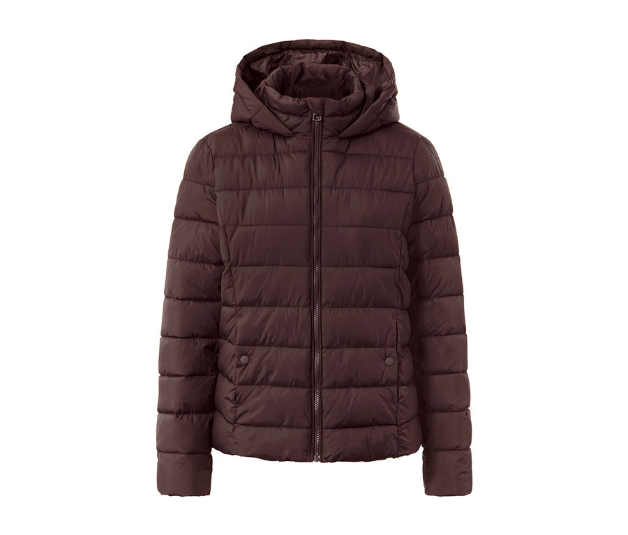 Veste matelassée à capuche marron foncé.