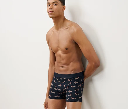 Homme posant en 2 boxers, teckel.