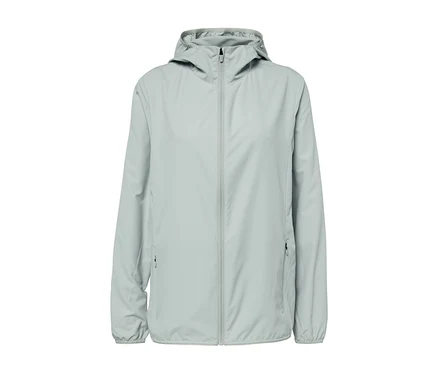 Veste fonctionnelle pliable grise avec une fermeture éclair au centre.