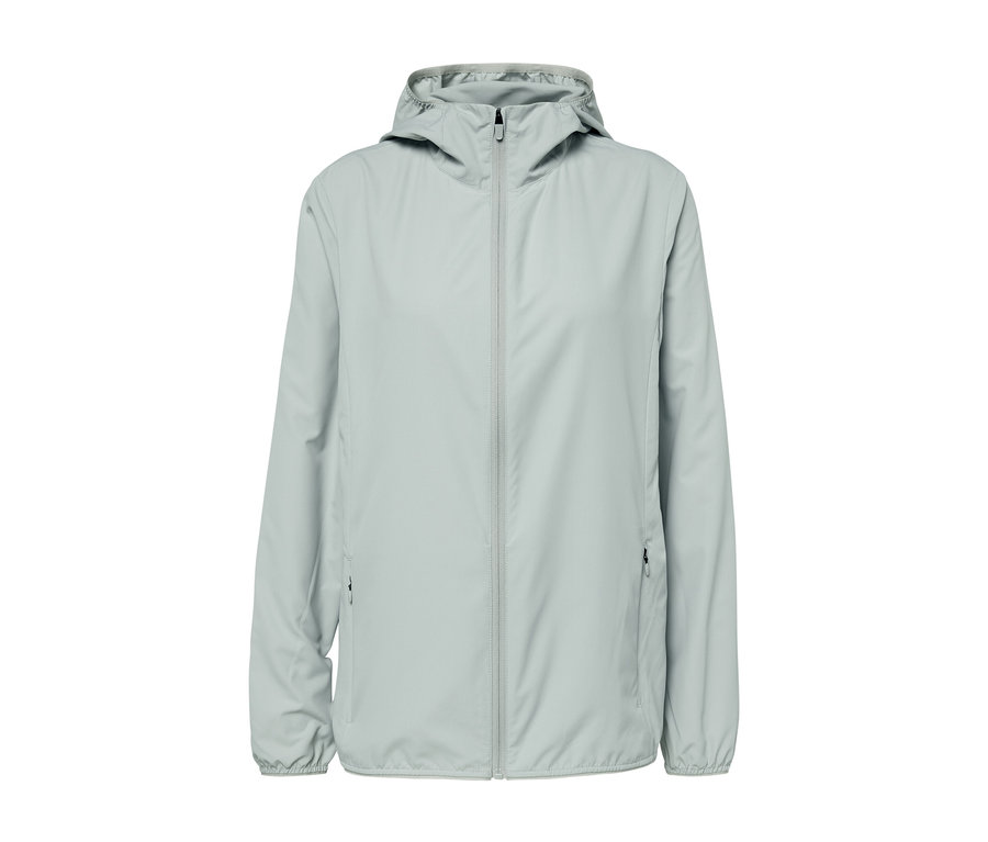 Veste fonctionnelle pliable grise avec une fermeture éclair au centre.