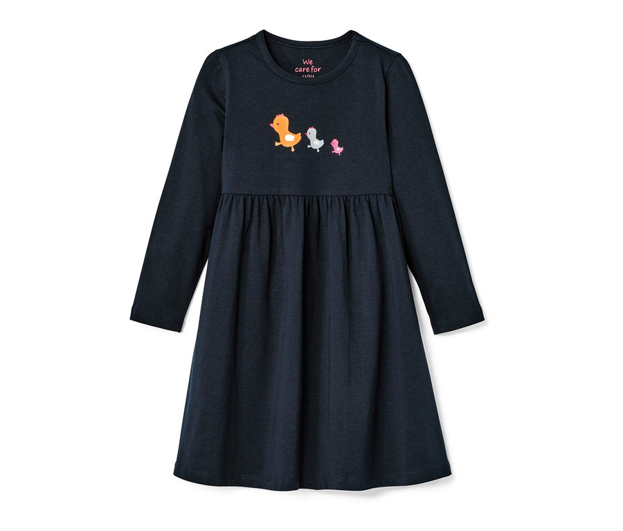 Robe en jersey bleu marine pour bébé avec trois poussins canards.