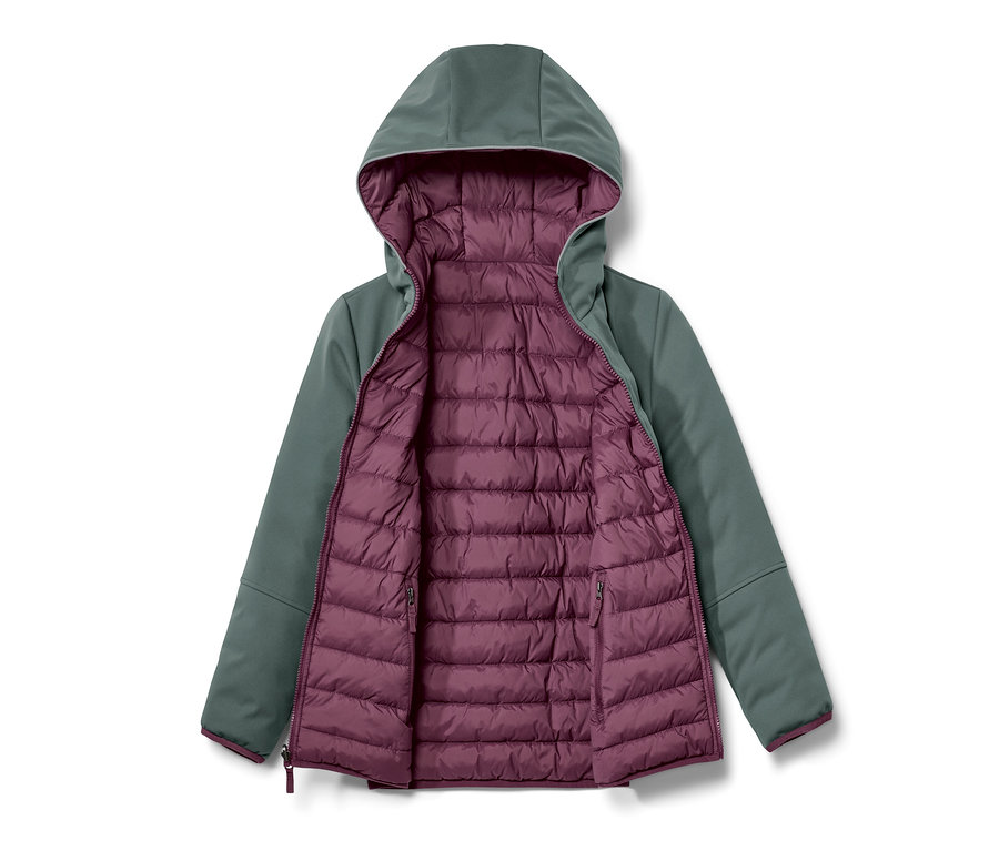 Veste softshell verte avec une doublure matelassée violette.