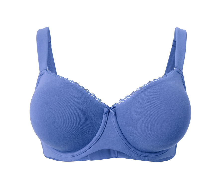 Soutien-gorge à armatures bleu sur fond blanc.