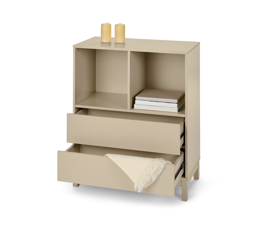 Commode haute beige avec 2 tiroirs, étagères ouvertes et livres.
