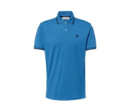 Polo bleu en piqué à manches courtes, avec col et boutons.