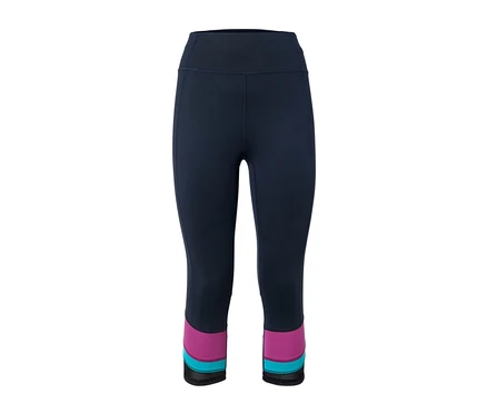 Corsaire de sport bleu marine avec des bandes roses et turquoises au bas des jambes.