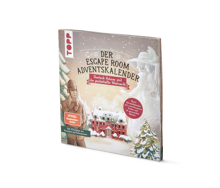 Gros plan sur le livre de l'Avent « Sherlock Holmes und die geisterhafte Weihnacht ».