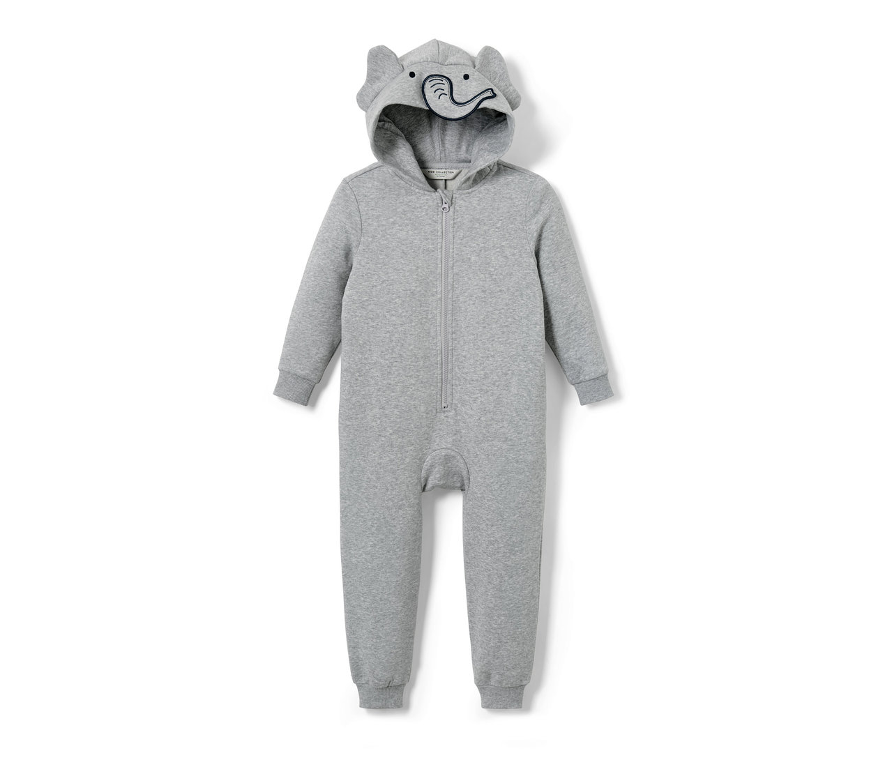 Une combinaison d’intérieur grise pour enfant avec une capuche à oreilles d'éléphant.