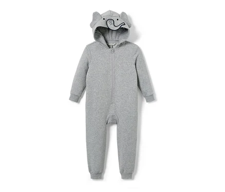 Une combinaison d’intérieur grise pour enfant avec une capuche à oreilles d'éléphant.