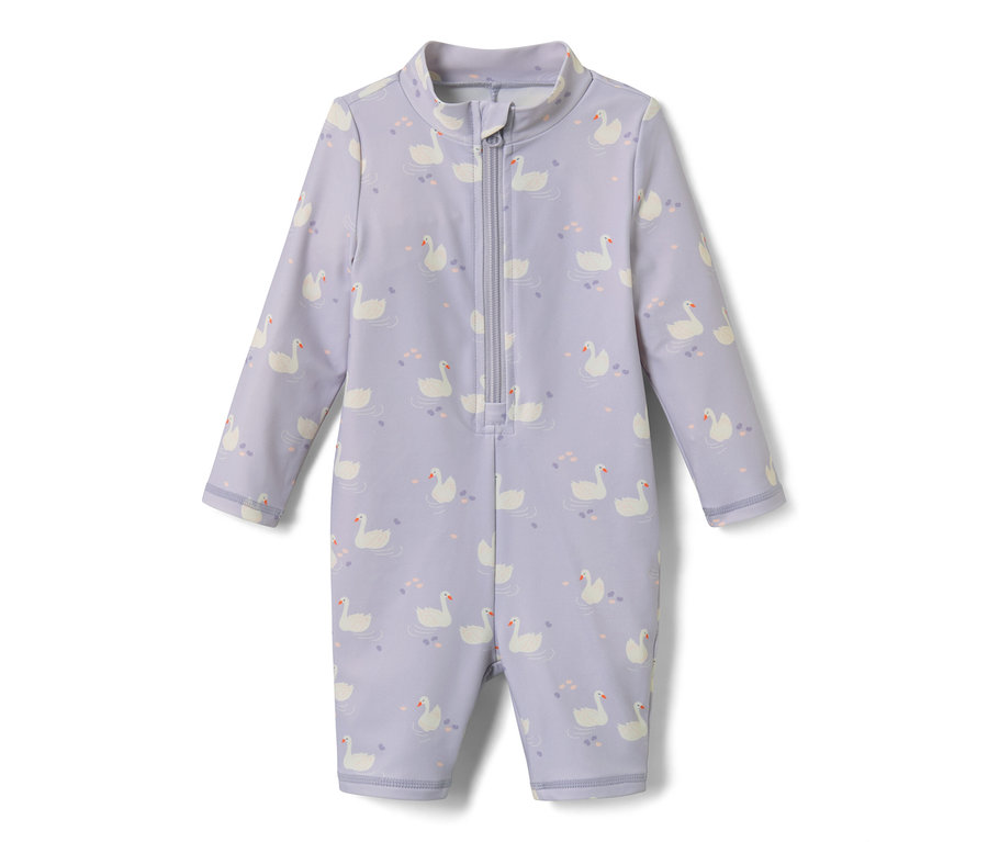 Combinaison lilas pour bébé avec indice de protection UV 80, motif cygne.