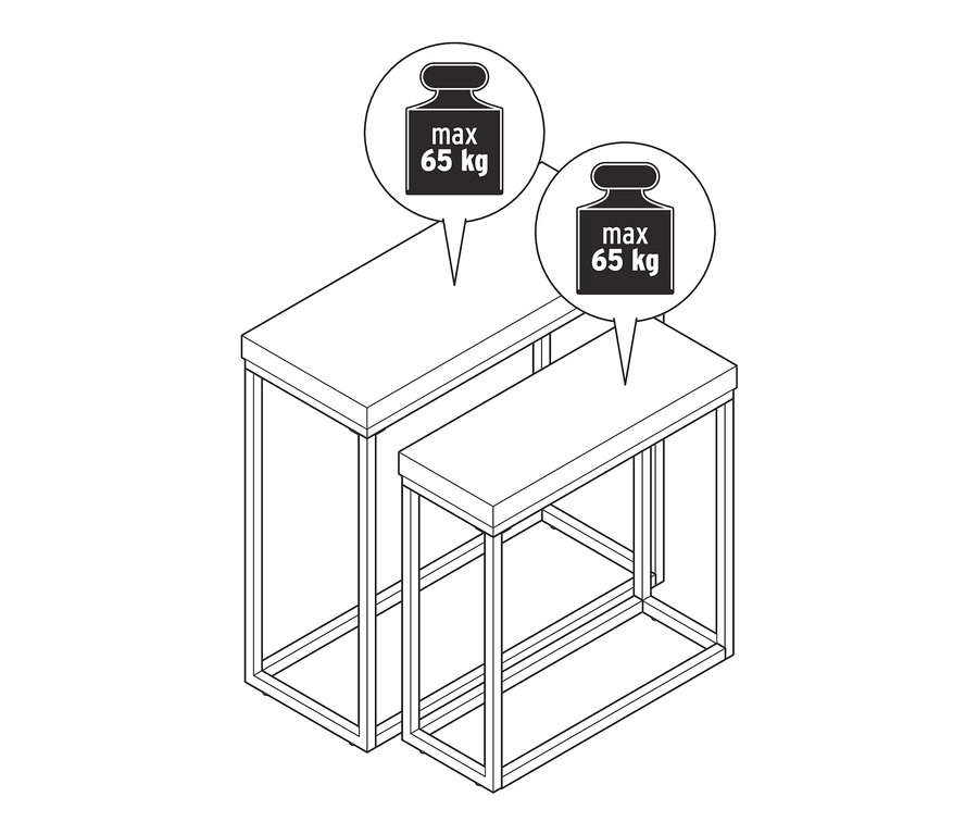 Un dessin d'un ensemble de tables consoles avec un plateau en polyciment et une capacité de charge maximale de 65 kg.