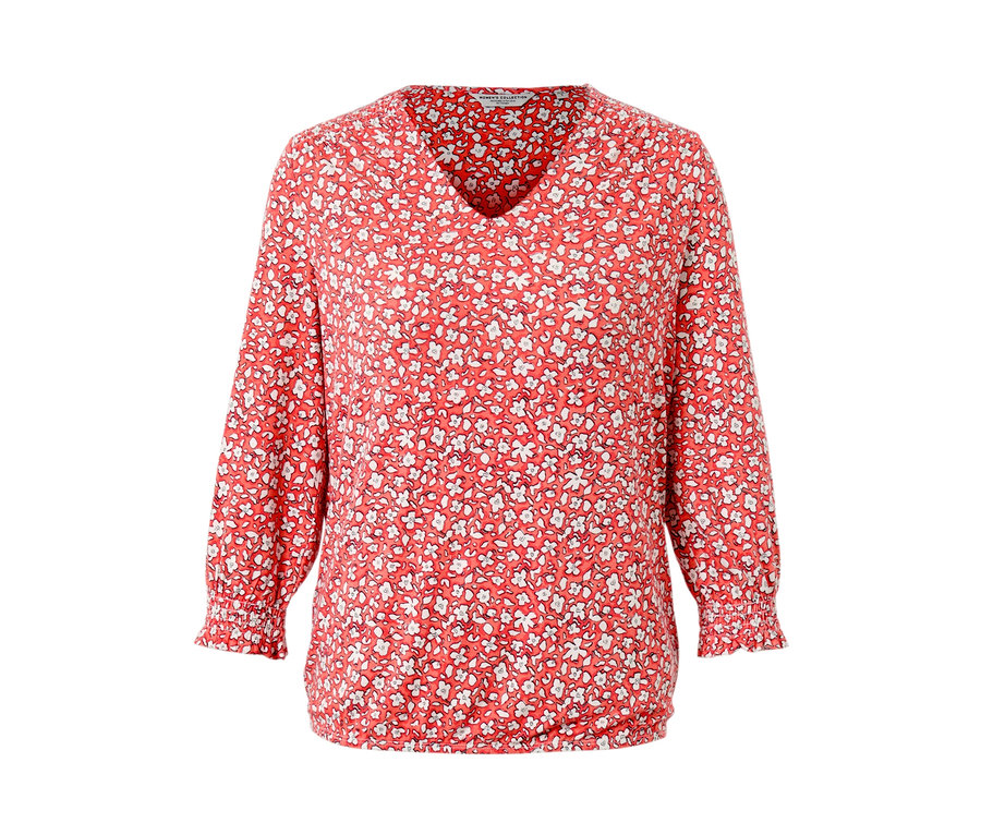 Blouse imprimée corail à manches longues et col en V.