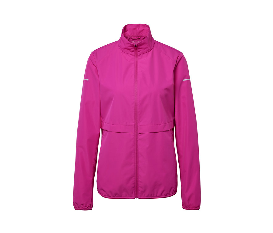 Veste de sport coupe-vent rose avec fermeture éclair au centre.