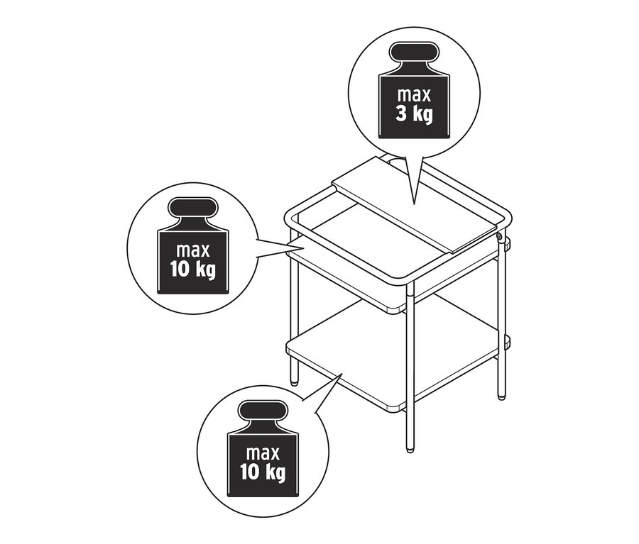 Illustration d'une table d'appoint à deux niveaux avec des indications de poids pour la charge maximale.