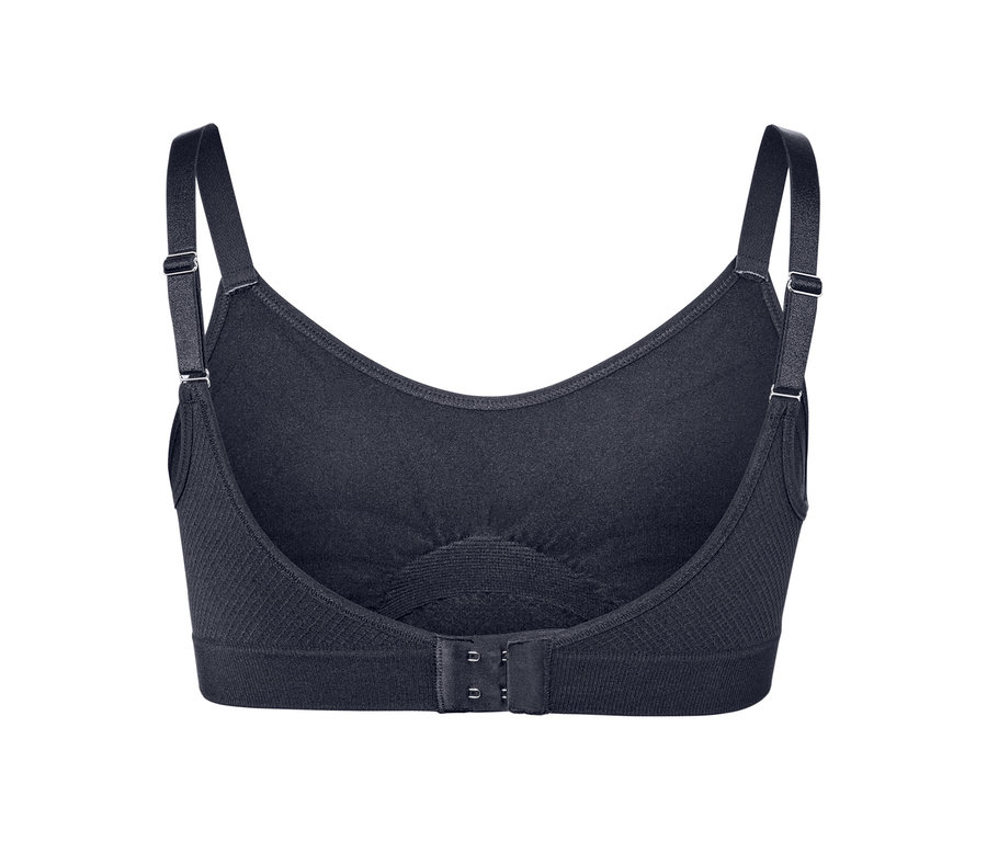 Vue détaillée de l'arrière d'un soutien-gorge de sport sans coutures bleu.