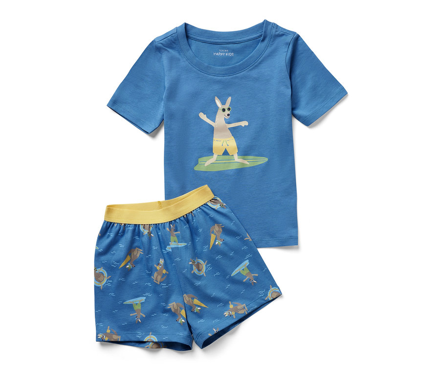 Pyjama court bleu pour enfant avec un kangourou imprimé sur le t-shirt et un motif de kangourous sur le short.