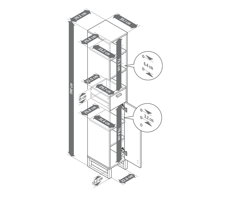Schéma d'une armoire haute de salle de bain étroite avec étagère ouverte, tiroir et porte.