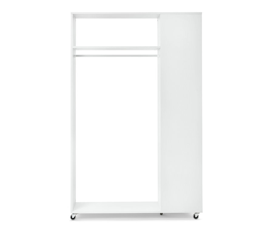 Une garde-robe mobile avec miroir sur roulettes.