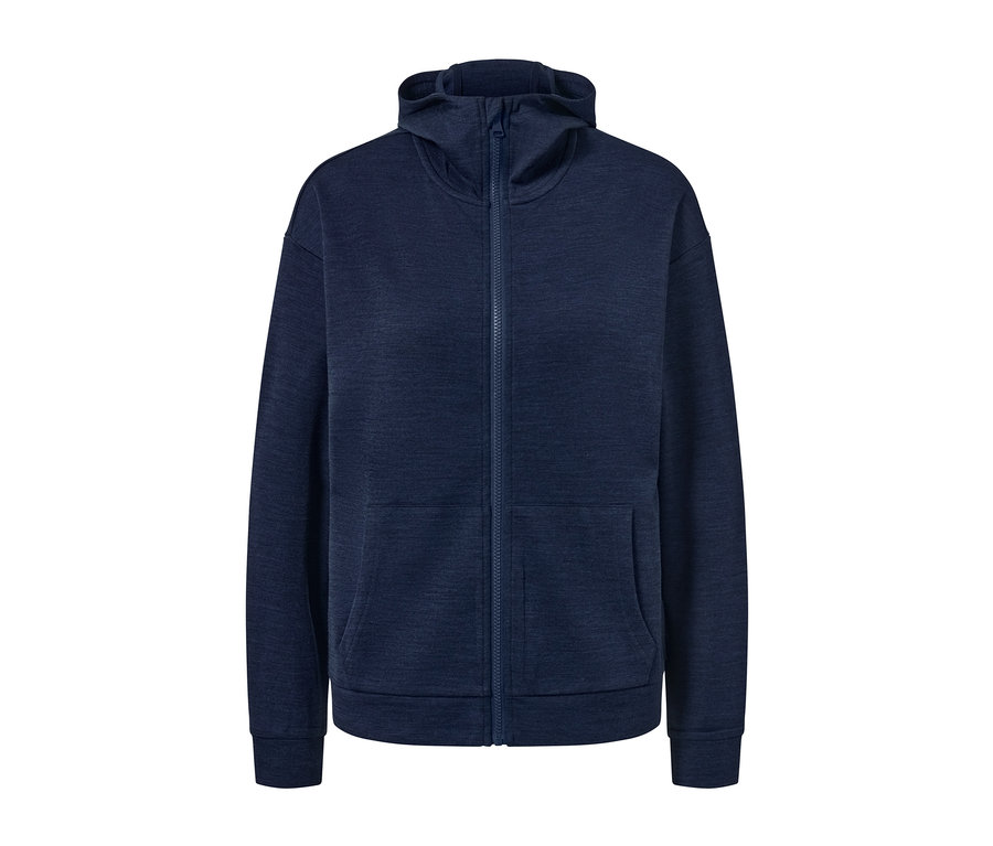 Veste à capuche bleu foncé avec laine certifiée RWS, fermeture éclair et poches.