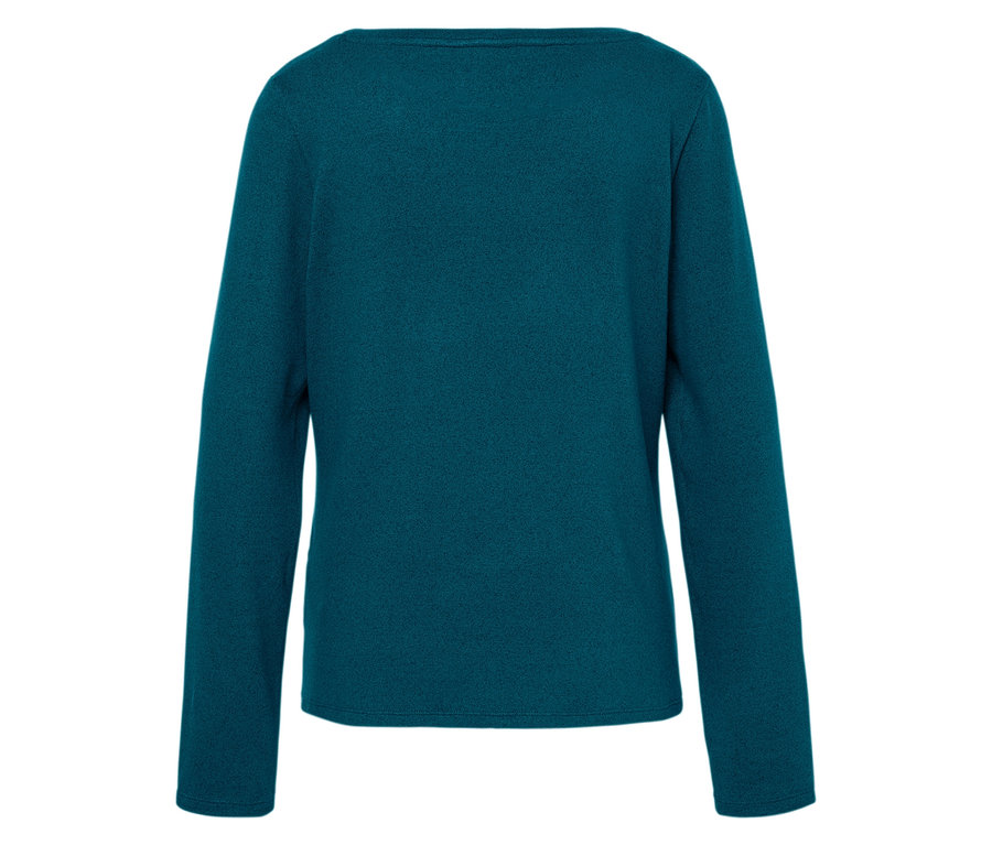 Pull bleu-vert foncé à manches longues, vue de dos.