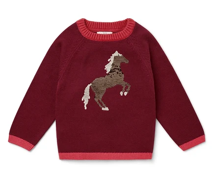Pull en bordeaux avec un cheval marron.