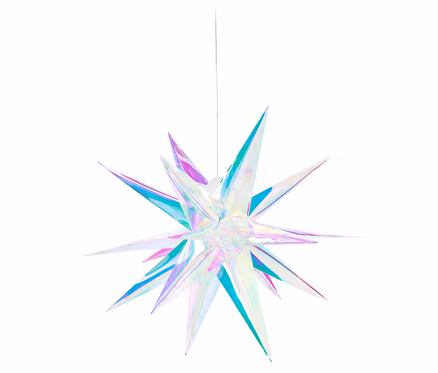 Étoile holographique suspendue avec des pointes violettes, bleues et vertes.